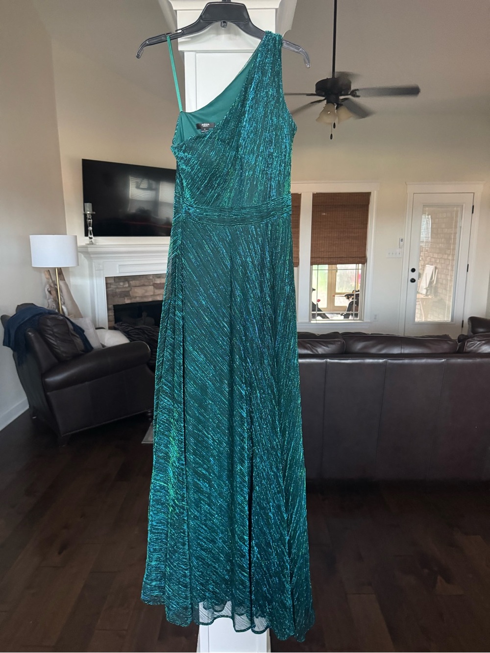 Aqua Teal One-Shoulder Shimmer Dress